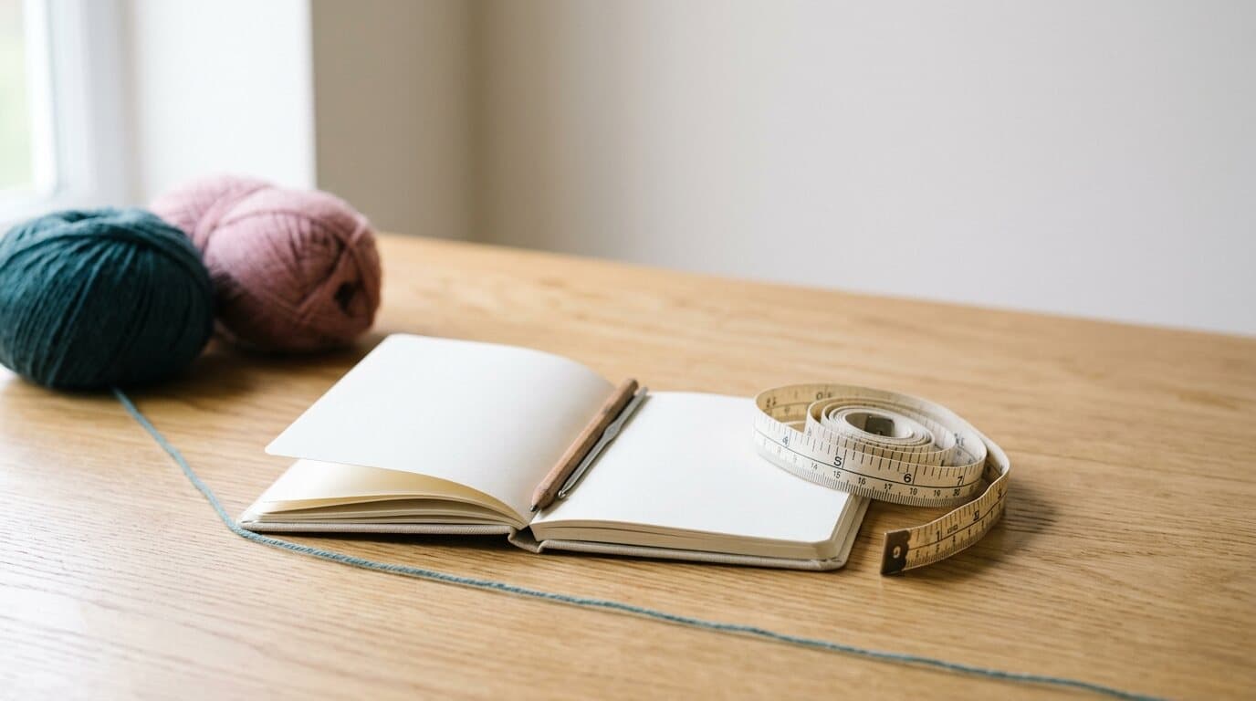 Ein offenes Notizbuch, Maßband, Häkelnadel und zwei Wollknäuel auf einem hellen Holztisch