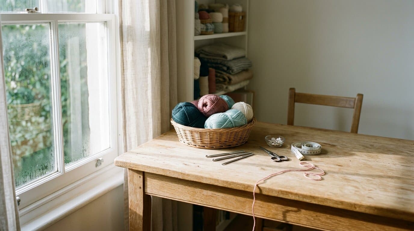 Arbeitstisch am Fenster mit einem Korb voller Wollknäuel, Häkelnadeln, Schere und Massband