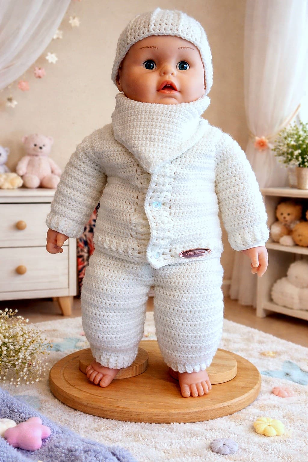 Handgehäkelte Babygarnitur in Wollweiß: Jacke, Hose, Halstuch und Mützchen